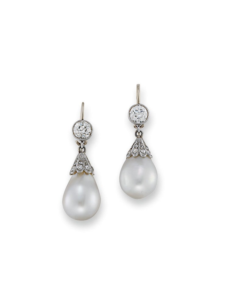 A PAIR OF NATURAL PEARL AND DIAMOND EAR PENDANTS
