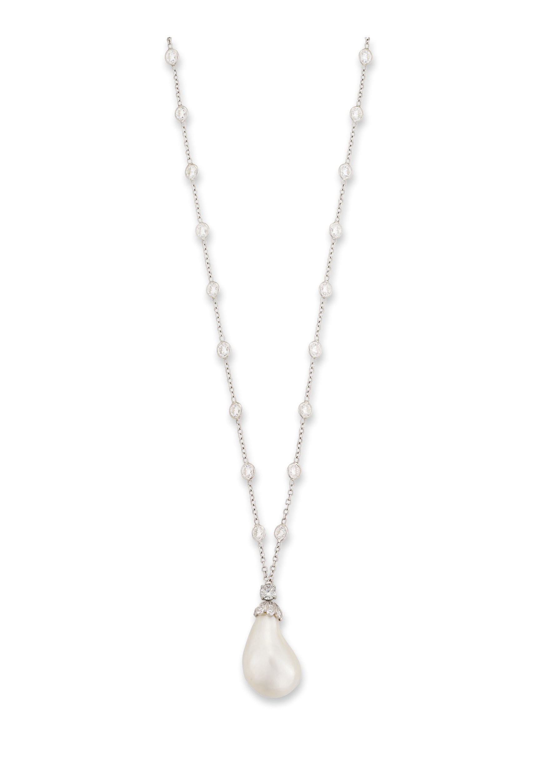 A NATURAL PEARL AND DIAMOND PENDENT NECKLACE