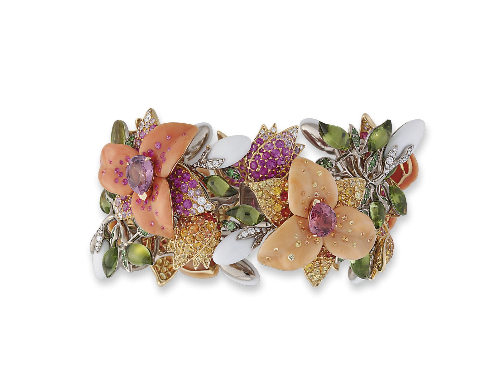 **AN EXCEPTIONAL CORAL, DIAMOND AND MULTI-GEM FLORAL BANGLE, BY LORENZ BÄUMER