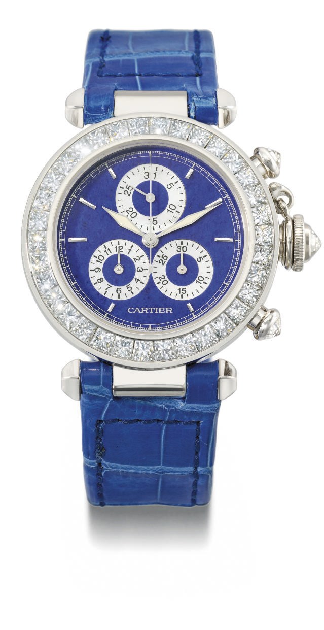 Cartier. A fine and rare 18K white gold, diamond-set and mother-of-pearl chronograph wristwatch