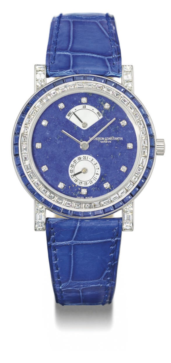 Vacheron Constantin. A very fine, rare and unusual 18K white gold, diamond and sapphire-set automatic wristwatch with power reserve, date, lapis lazuli and mother-of-pearl dial