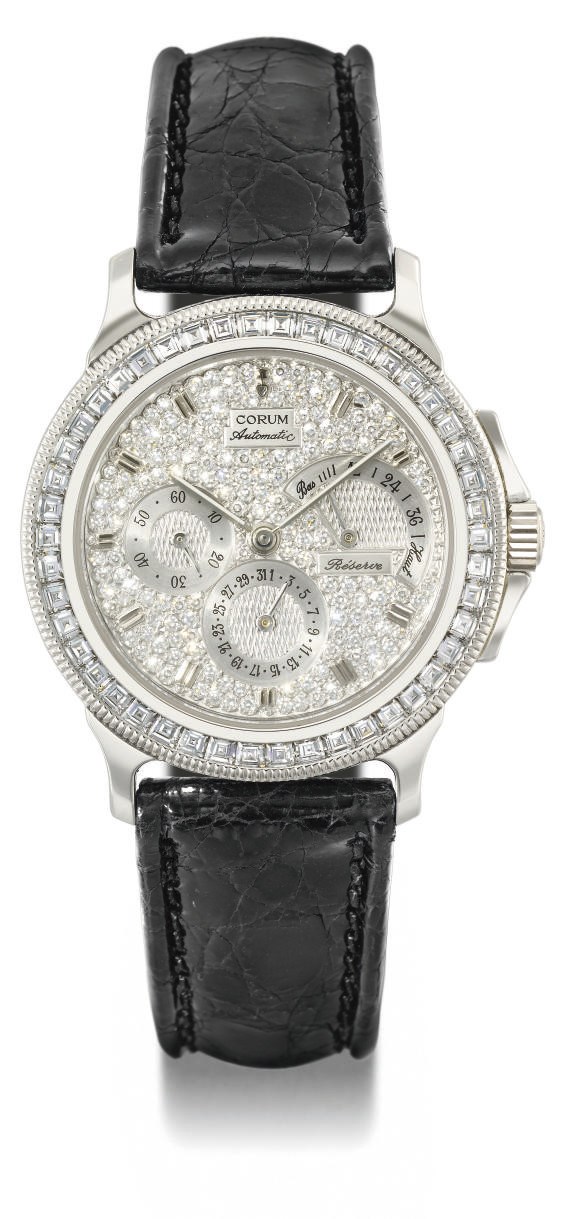 Corum. A fine and rare platinum and diamond-set automatic wristwatch with date and power reserve