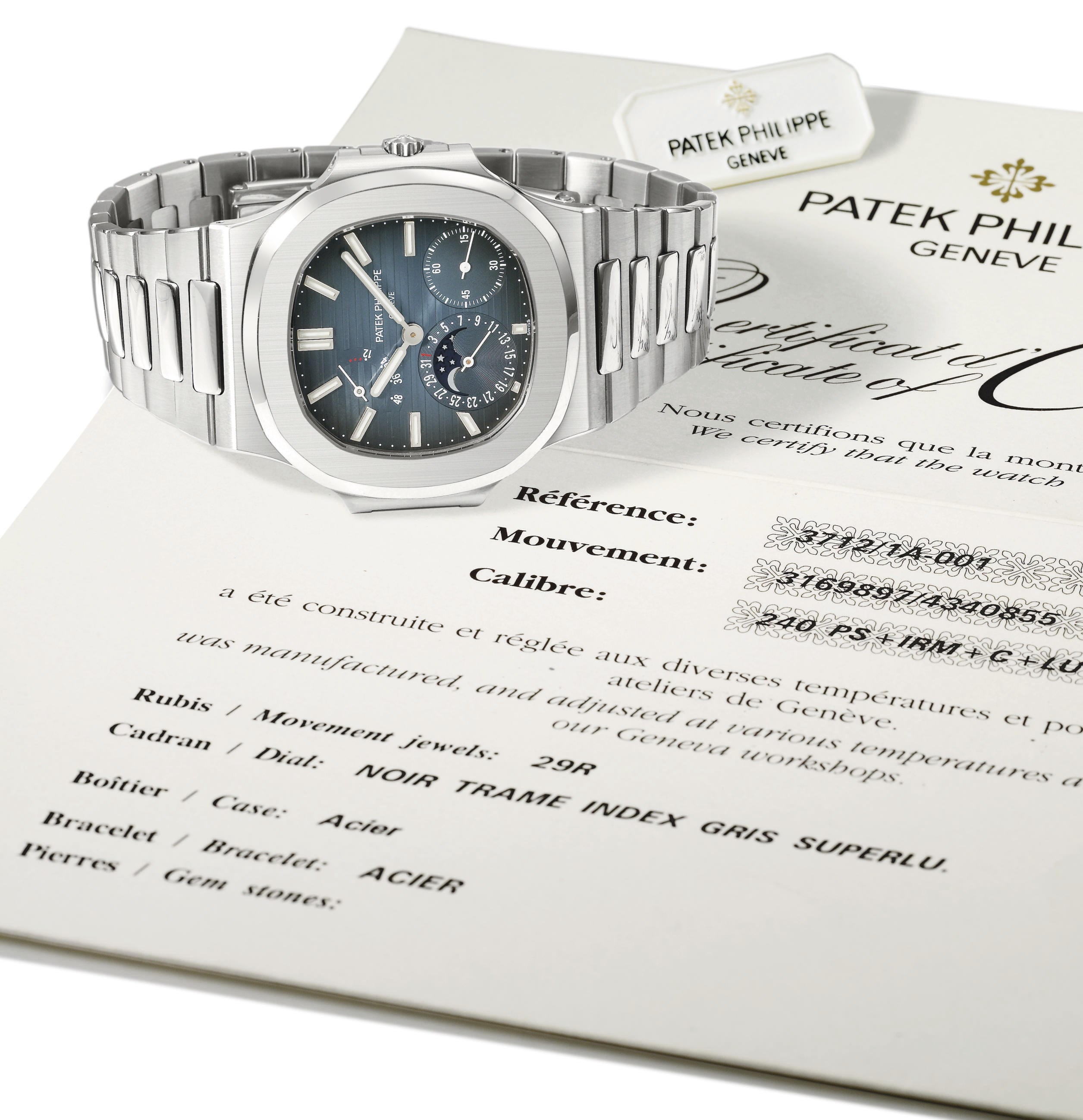 Patek Philippe. A fine, rare and large stainless steel automatic wristwatch with date, moon phase, power reserve and bracelet