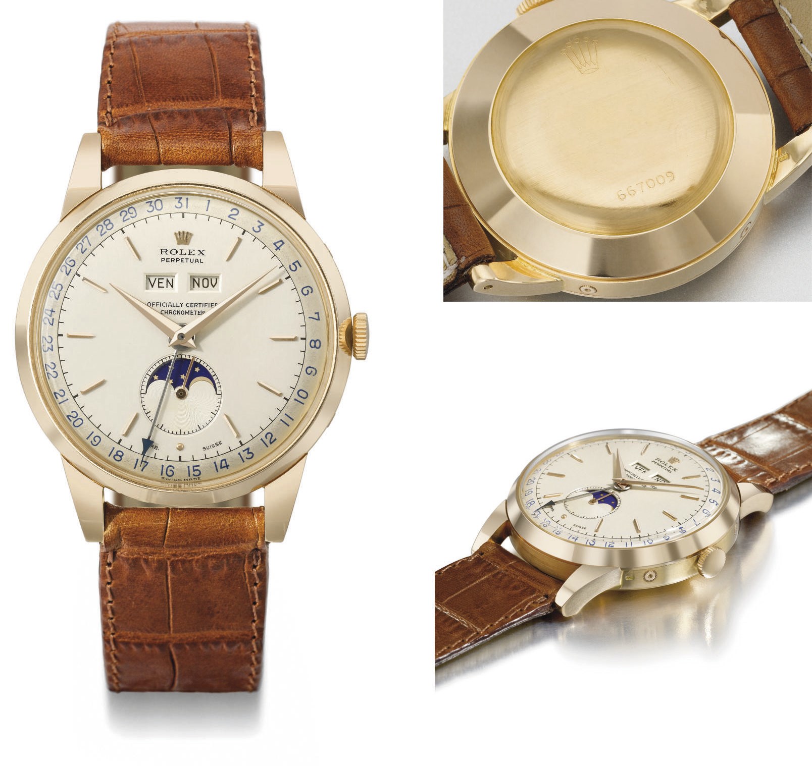 Rolex. An extremely fine, rare and large 18K pink gold automatic triple calendar wristwatch with moon phases and two-tone silvered dial