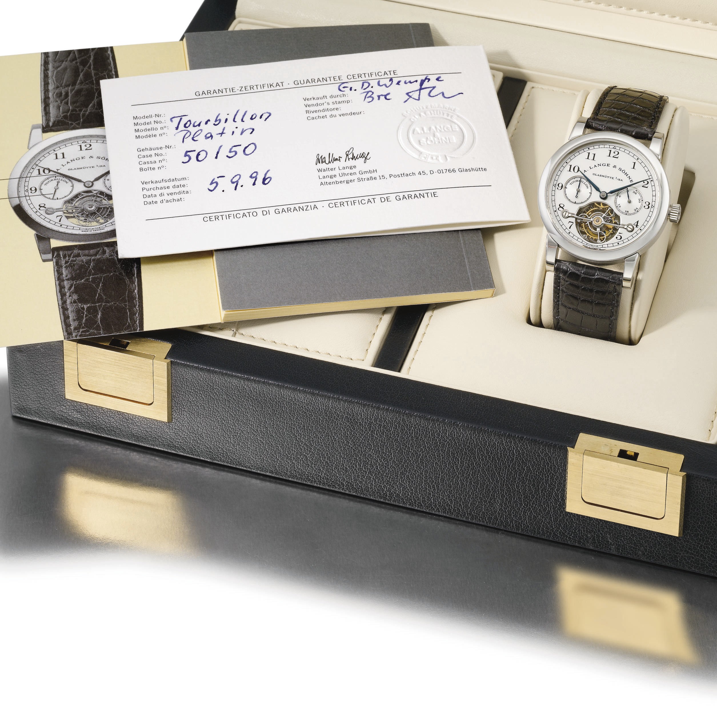 A. Lange & Söhne. A very fine and extremely rare platinum limited edition one minute tourbillon wristwatch with chain fusée and power reserve