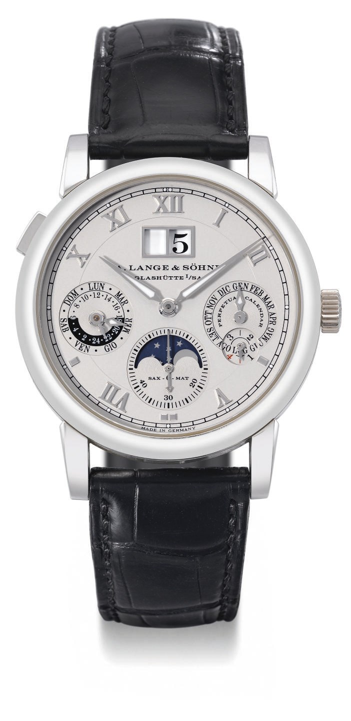 A. Lange & Söhne. A very fine and rare platinum automatic perpetual calendar wristwatch with moon phase, oversized date and zero-reset function