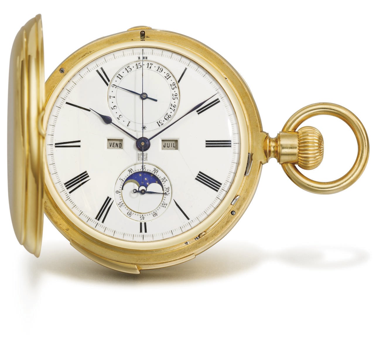 Ekegren. A fine and rare 18K gold minute repeating perpetual calendar chronograph keyless lever watch with moon phases and retrograde date
