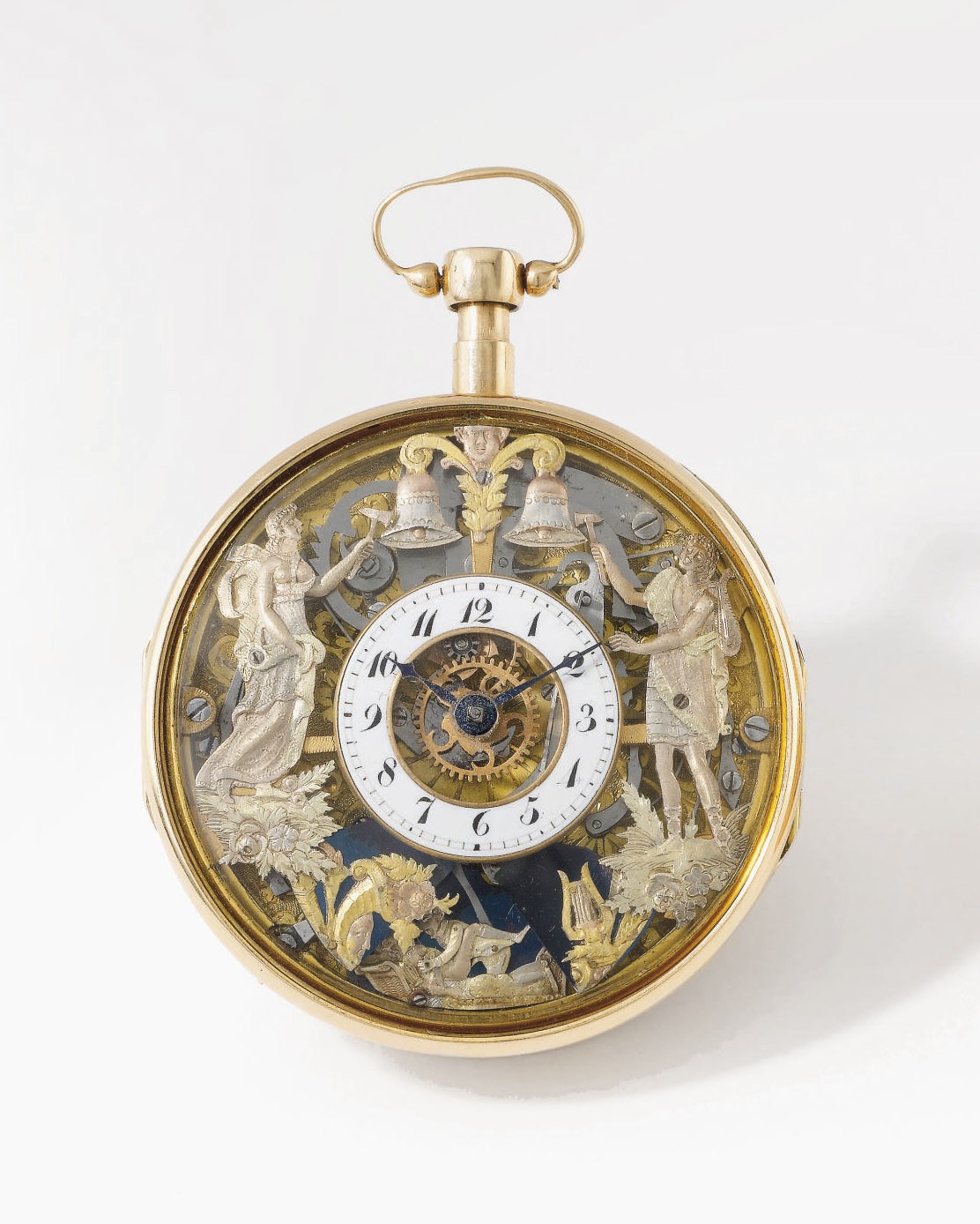 Swiss. An 18K gold skeletonized openface quarter repeating jaquemarts watch with concealed erotic automaton