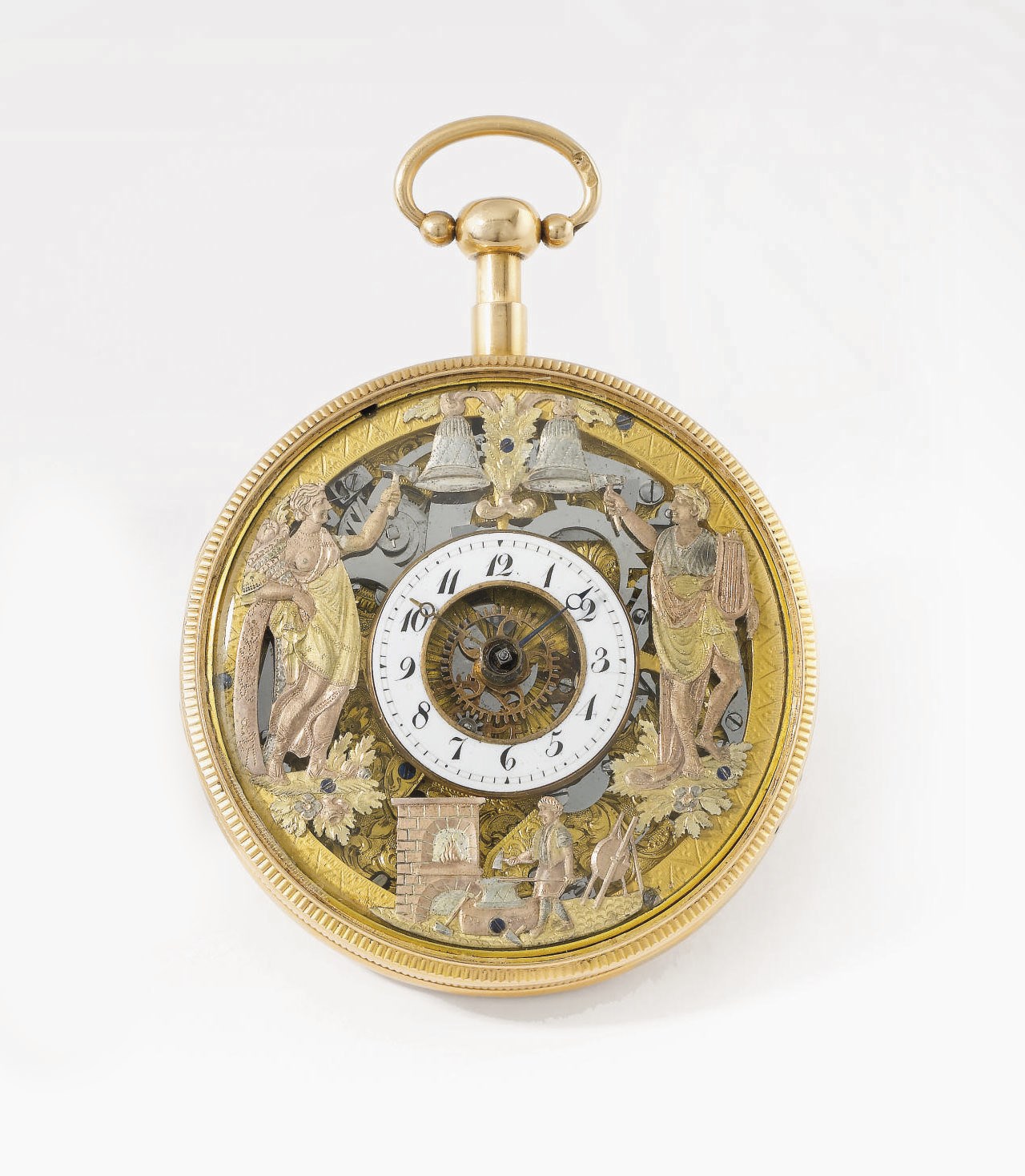 Swiss. A fine and rare 18K pink gold skeletonized openface quarter repeating keywound watch with three jaquemarts