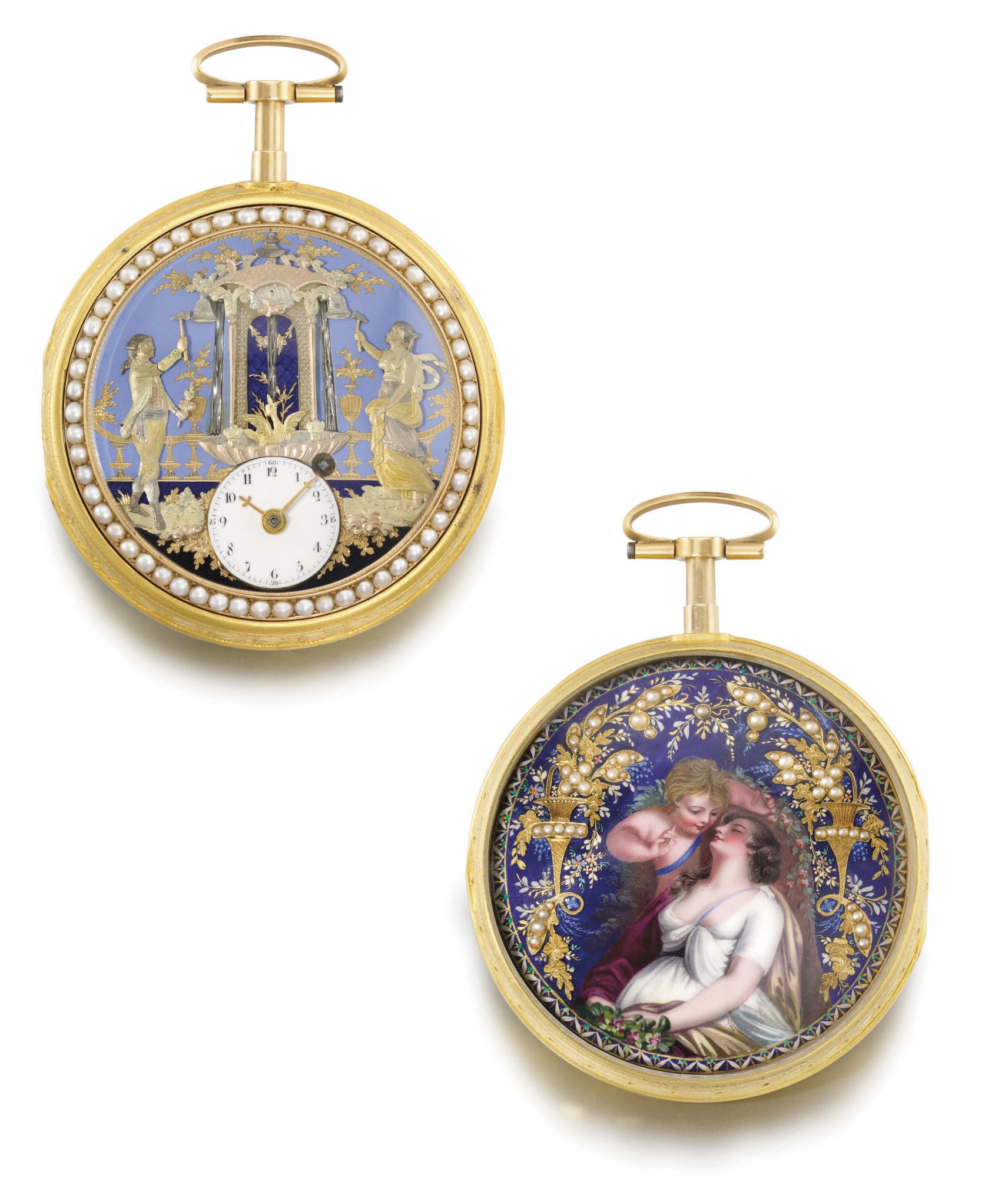 Frères Veigneur. An extremely fine and rare 18K gold, enamel and pearl-set openface quarter repeating jaquemarts watch, made for the Chinese Market