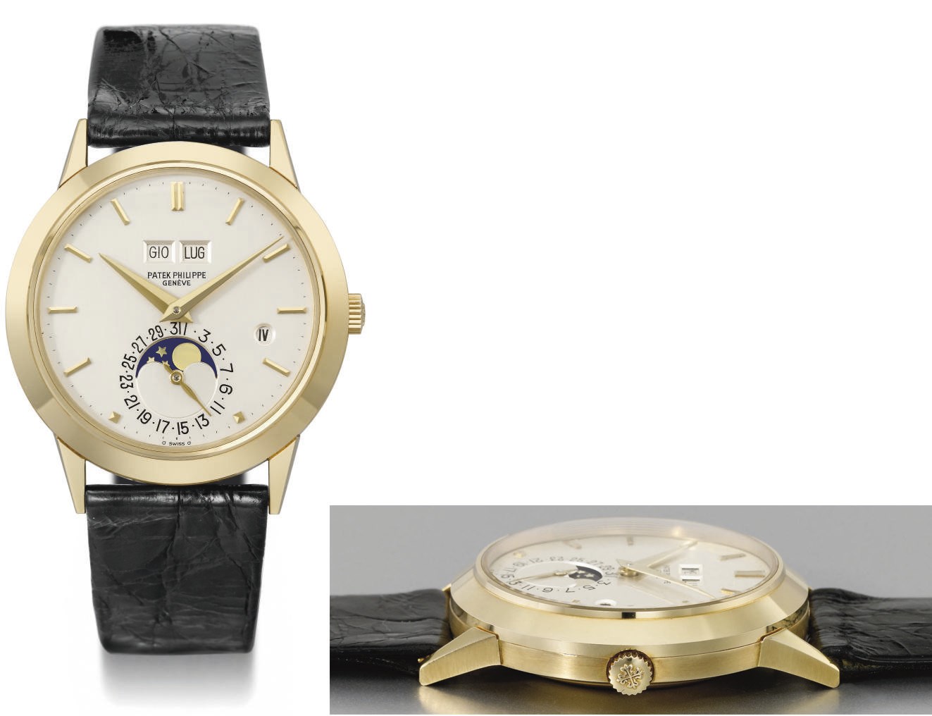 Patek Philippe. A very fine and rare 18K gold automatic perpetual calendar wristwatch with moon phases, Roman leap year indicator, original certificate, brochure and box