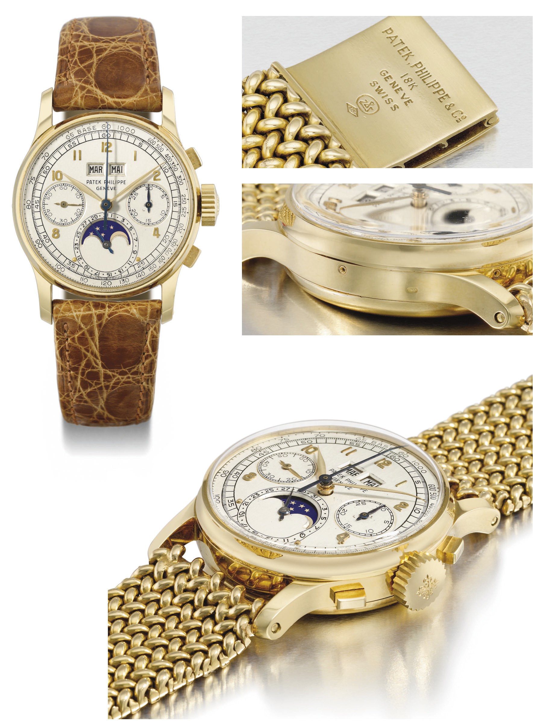 Patek Philippe. A very fine and rare 18K gold perpetual calendar chronograph wristwatch with moon phases and gold bracelet