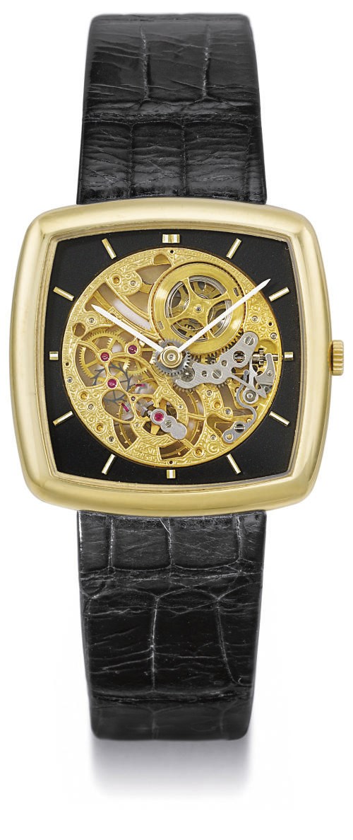 Audemars Piguet. An usual 18K gold skeletonized cushion-shaped wristwatch with black onyx dial