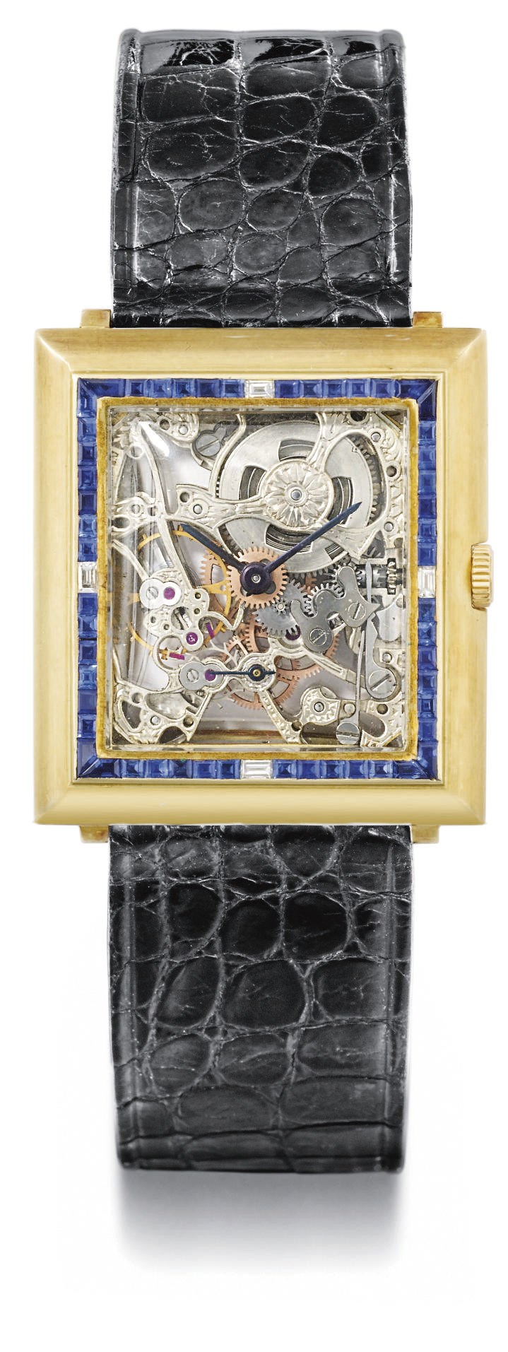 Audemars Piguet. A fine, rare and possibly unique 18K gold, sapphire and diamond-set skeletonized square wristwatch