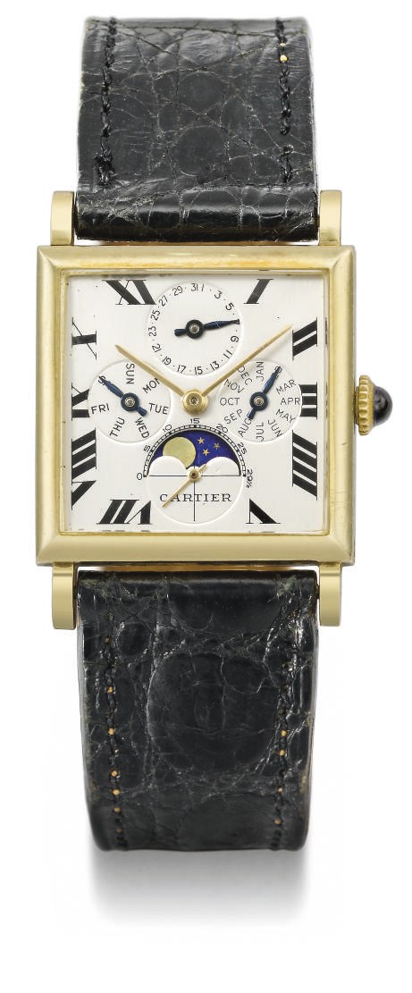 Audemars Piguet. A fine and rare 18K gold square triple calendar wristwatch with moon phases