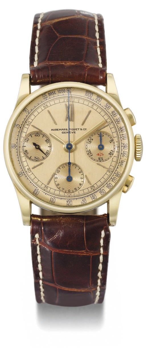 Audemars Piguet. A fine and rare 18K gold chronograph wristwatch with two-tone champagne dial