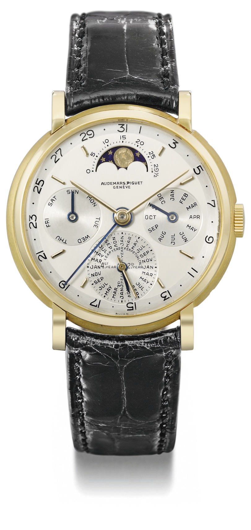 Audemars Piguet. A very fine and rare 18K gold perpetual calendar wristwatch with two-tone silvered dial and moon phases to 12 o'clock