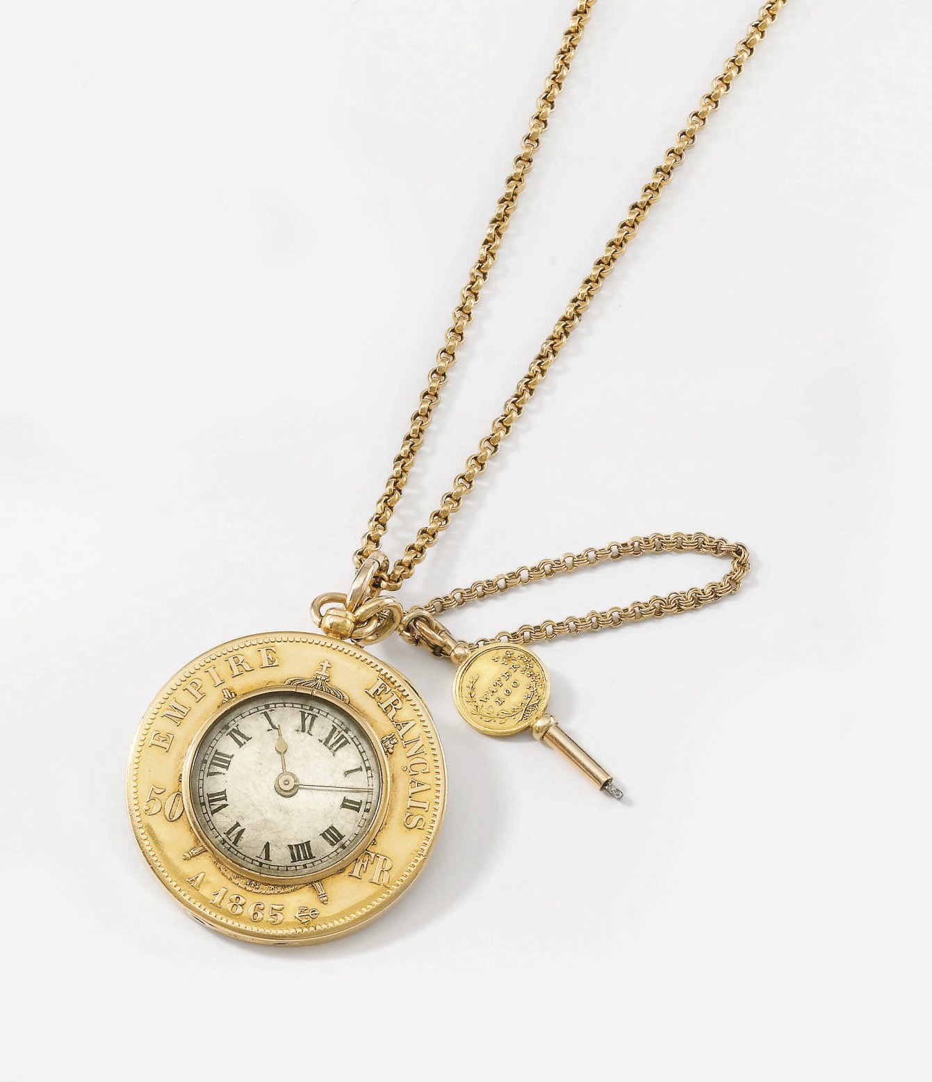 Anon. A highly unusual keywound cylinder watch with Bagnolet calibre, set within an Empire Français 50 Francs gold coin, the key with the Portrait of the Duke of Wellington