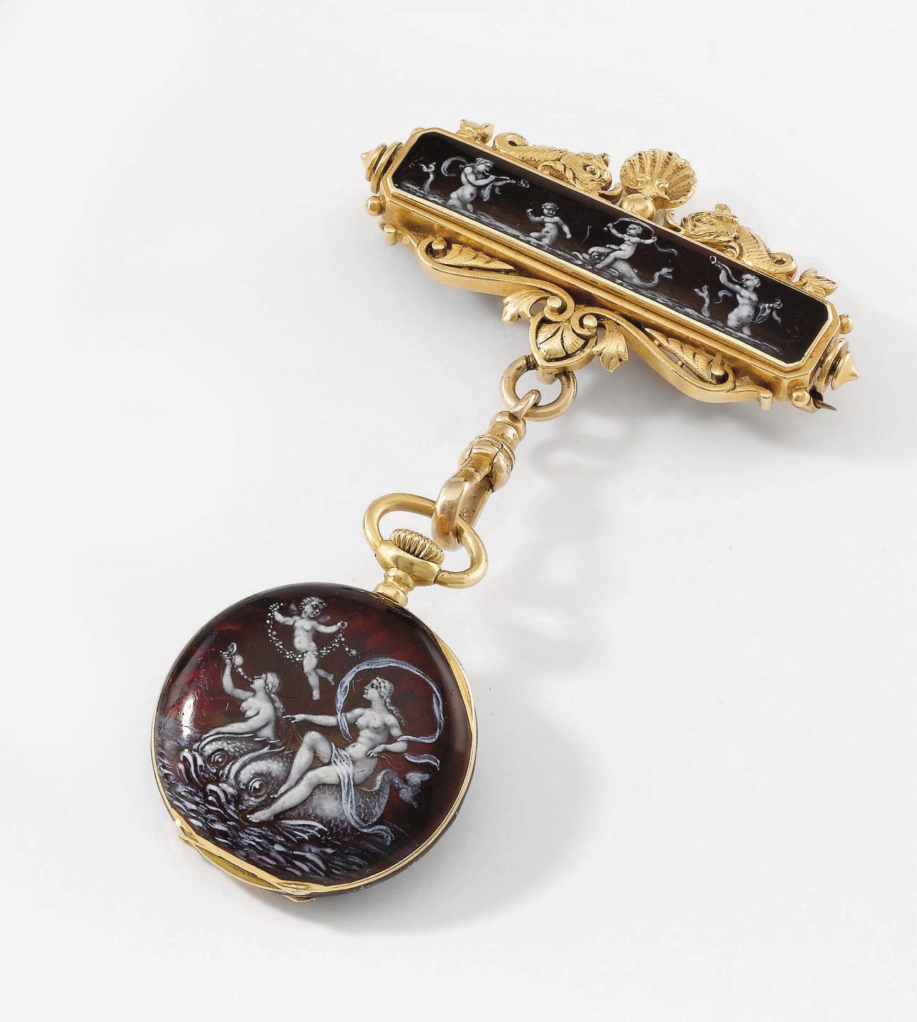Patek Philippe. A fine and possibly unique 18K gold and Limoges-style enamel openface keyless lever watch with matching brooch
