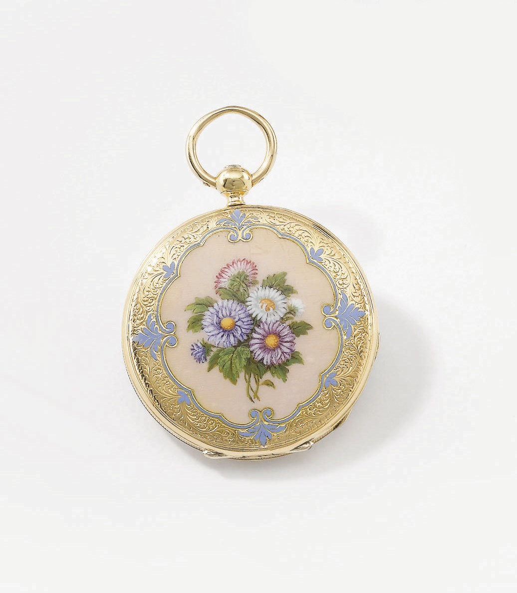 Patek i Spolka. A fine and early 18K gold and enamel openface cylinder watch, made for the Polish market