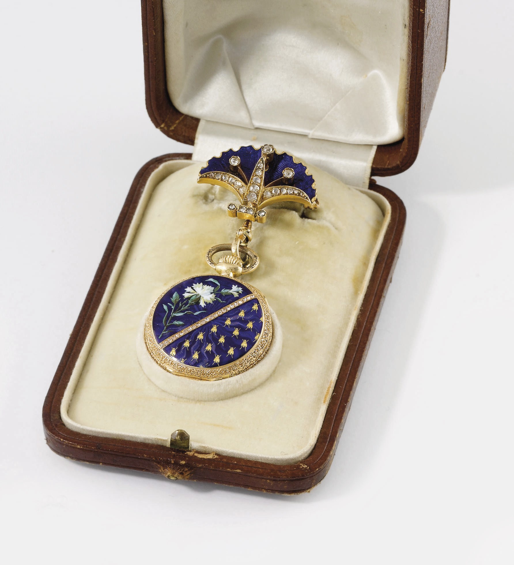 Patek Philippe. A very fine, elegant and possibly unique 18K gold, enamel and diamond-set openface keyless lever pendant watch with matching brooch and original box