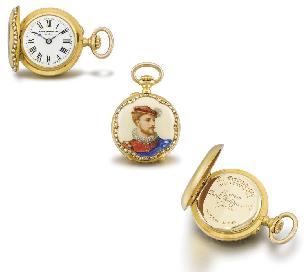 Patek Philippe. An extremely fine and probably unique 18K gold, enamel and diamond-set miniature hunter case keyless cylinder pendant watch with the enamel portrait of King Henry II of France