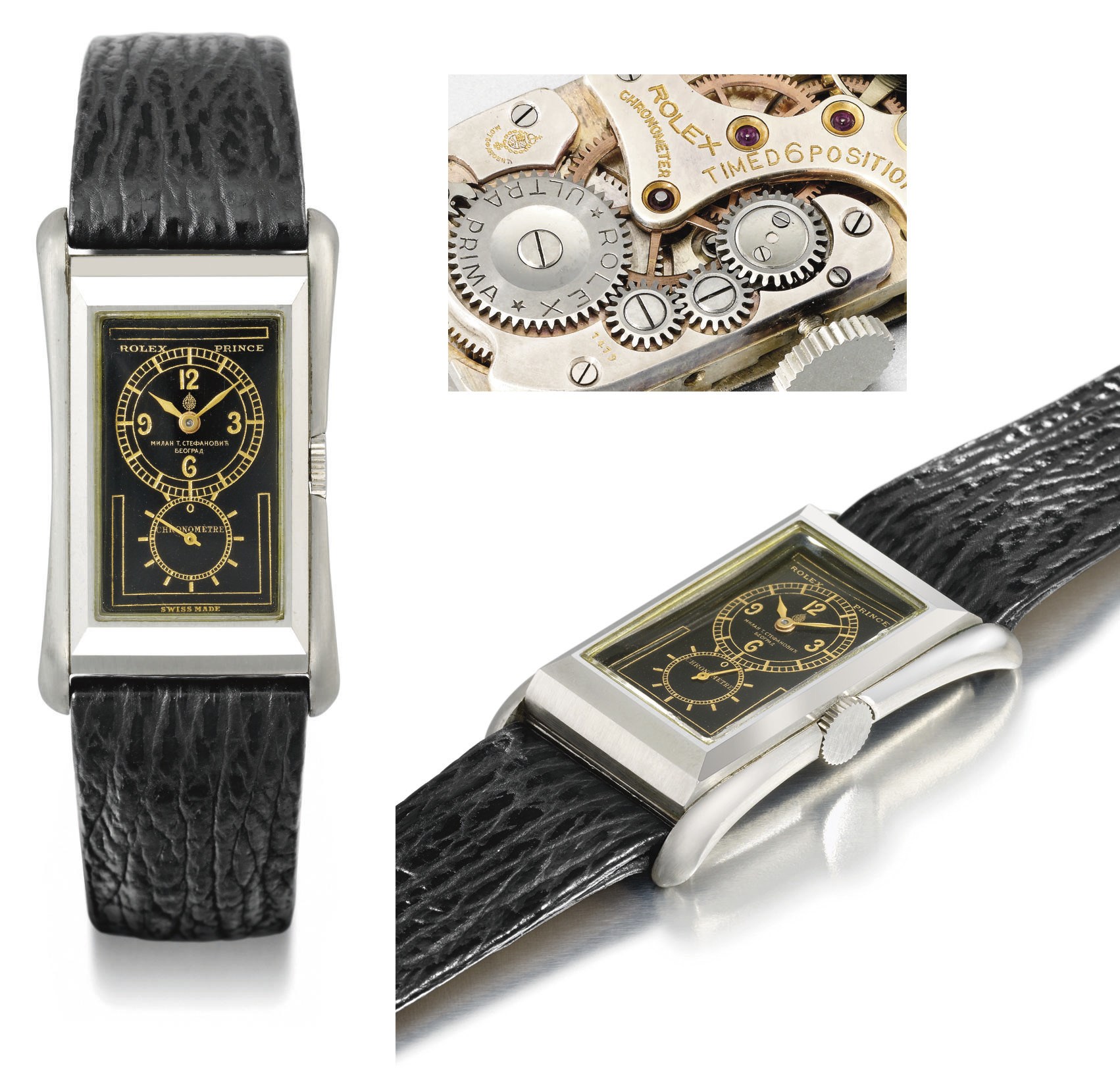 Rolex. A fine and rare stainless steel rectangular-shaped wristwatch with black dial