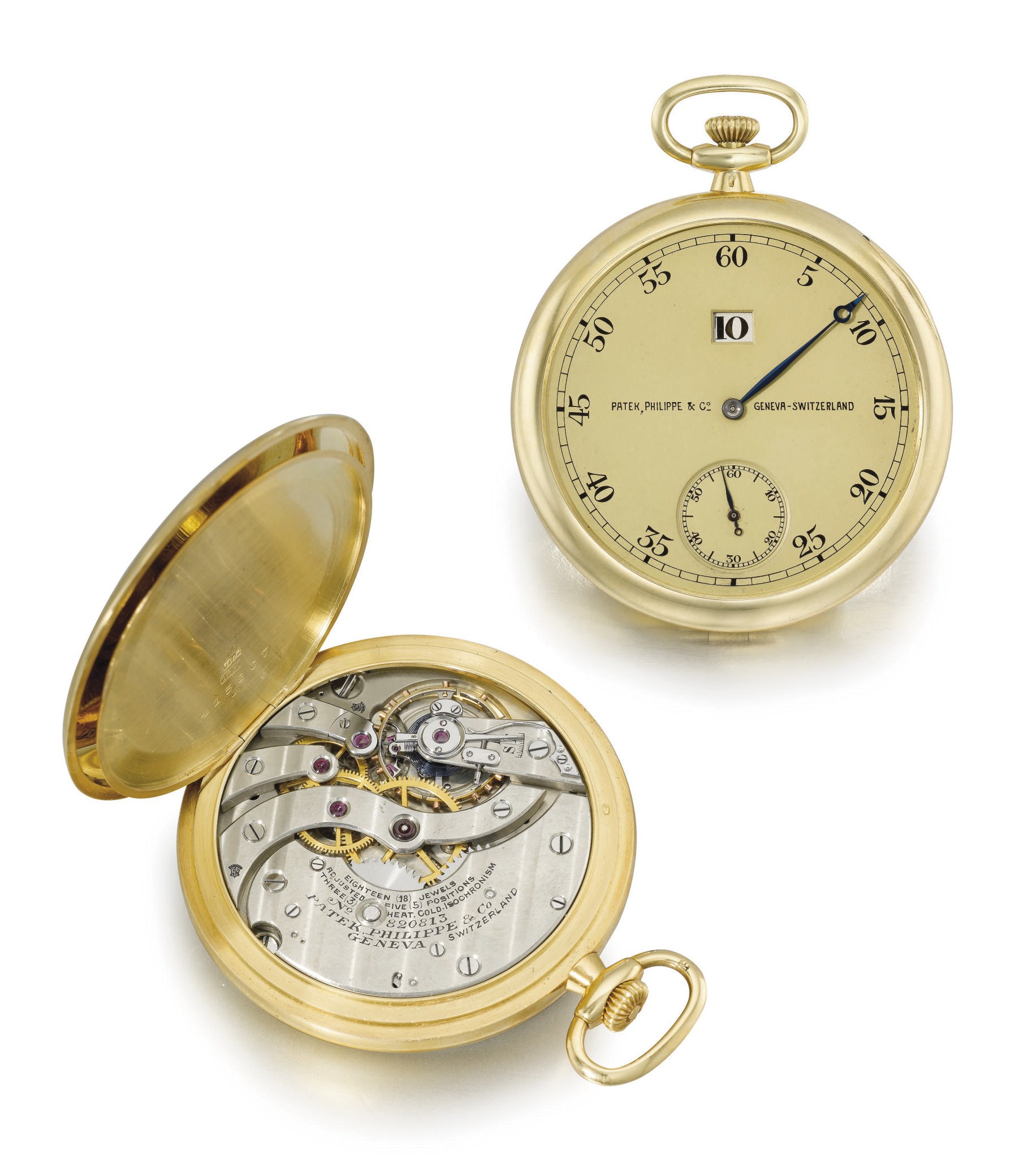 Patek Philippe. A very fine and rare 18K gold openface keyless lever jump hour watch