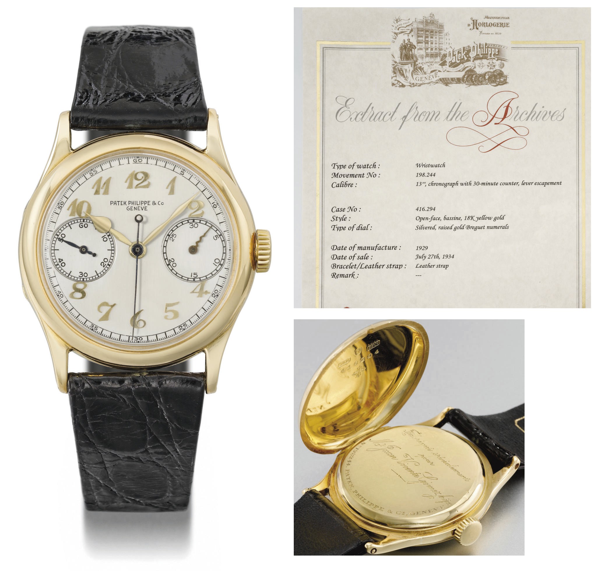 Patek Philippe. An extremely fine, large, rare and historically interesting 18K gold hinged single button chronograph wristwatch with Breguet numerals, made for Juan V. Gomez hijo
