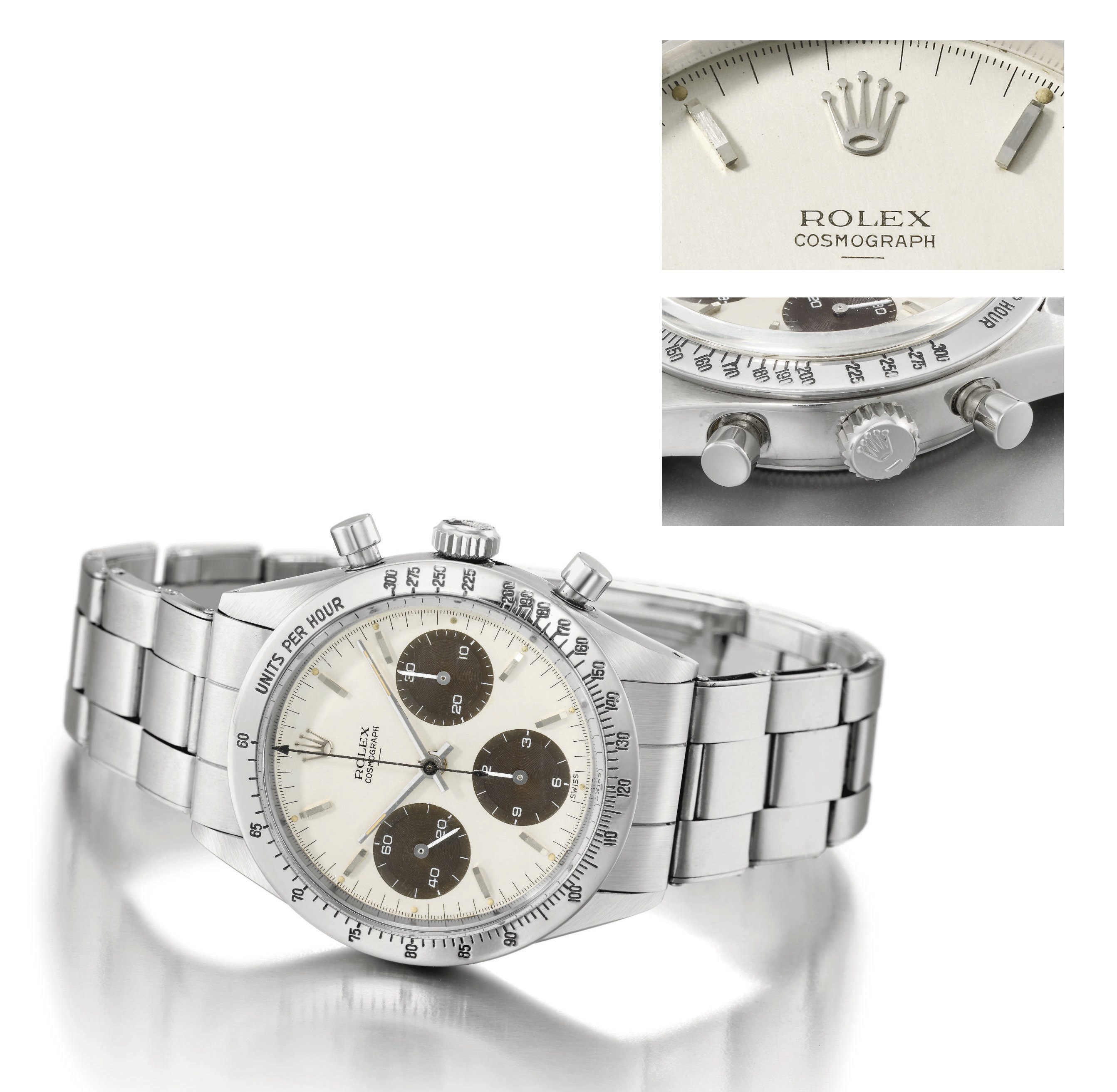 Rolex. A very rare and early stainless steel chronograph wristwatch with "underline double Swiss" dial and bezel calibrated for 300 units