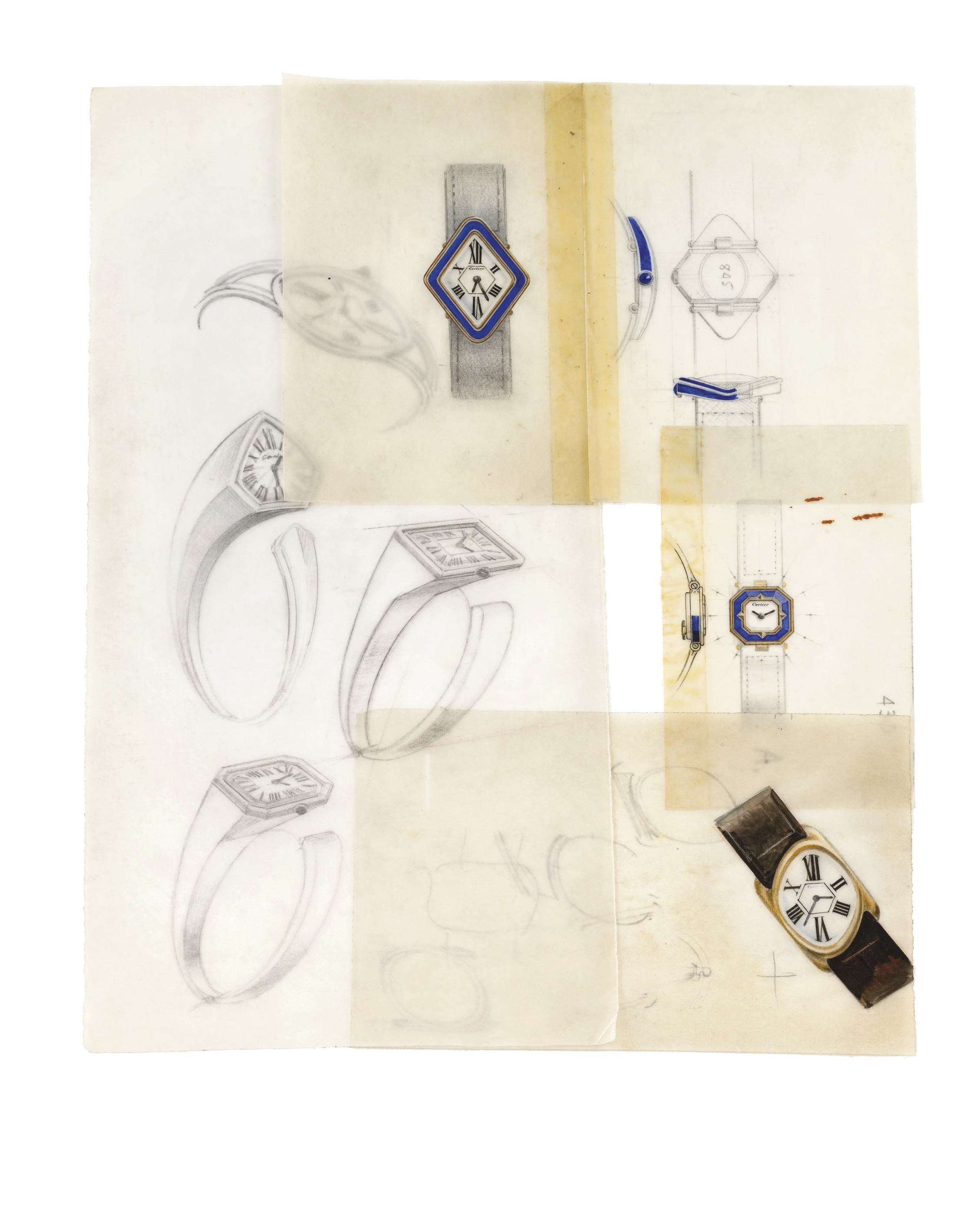 A group of fourteen sheets with various watch and jewellery designs for Cartier