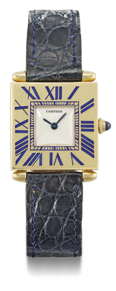 Cartier. An attractive 18K gold and enamel square wristwatch