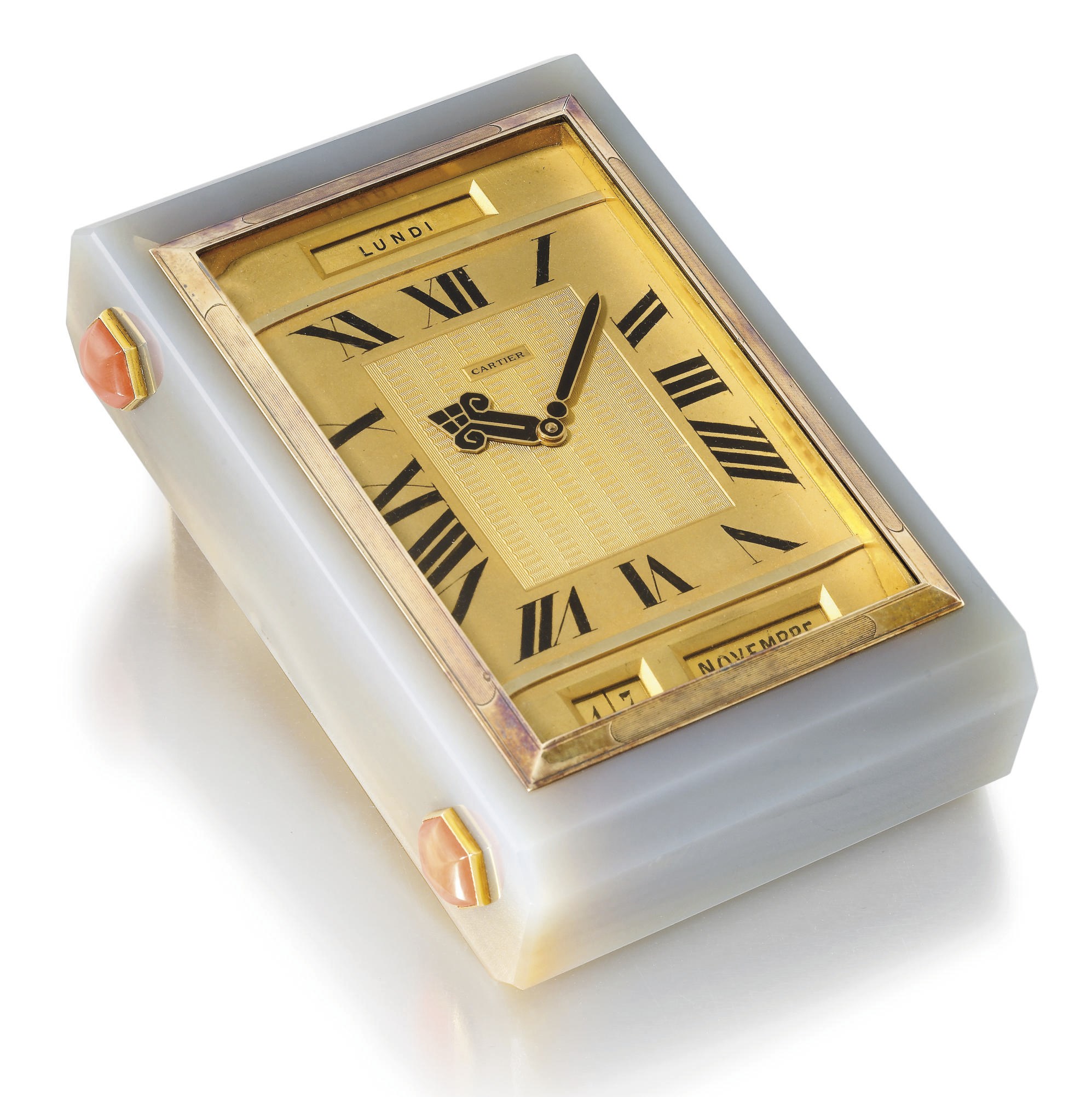 Cartier. A very fine, rare and unusual agate, coral and gold paperweight with triple calendar watch