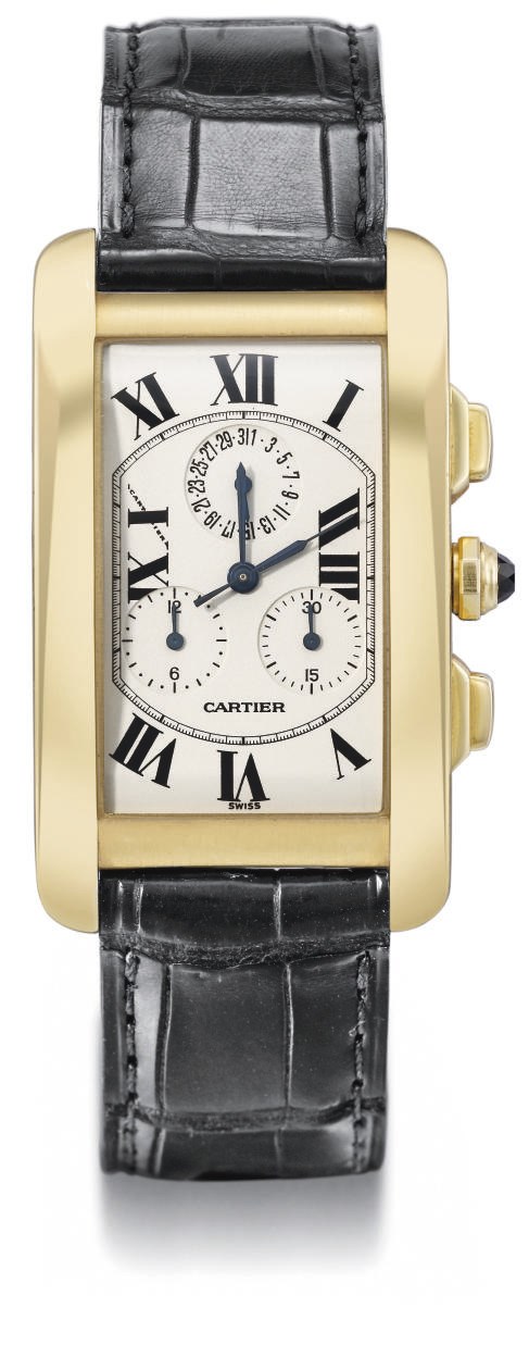 Cartier. A large 18K gold rectangular curved chronograph wristwatch with date