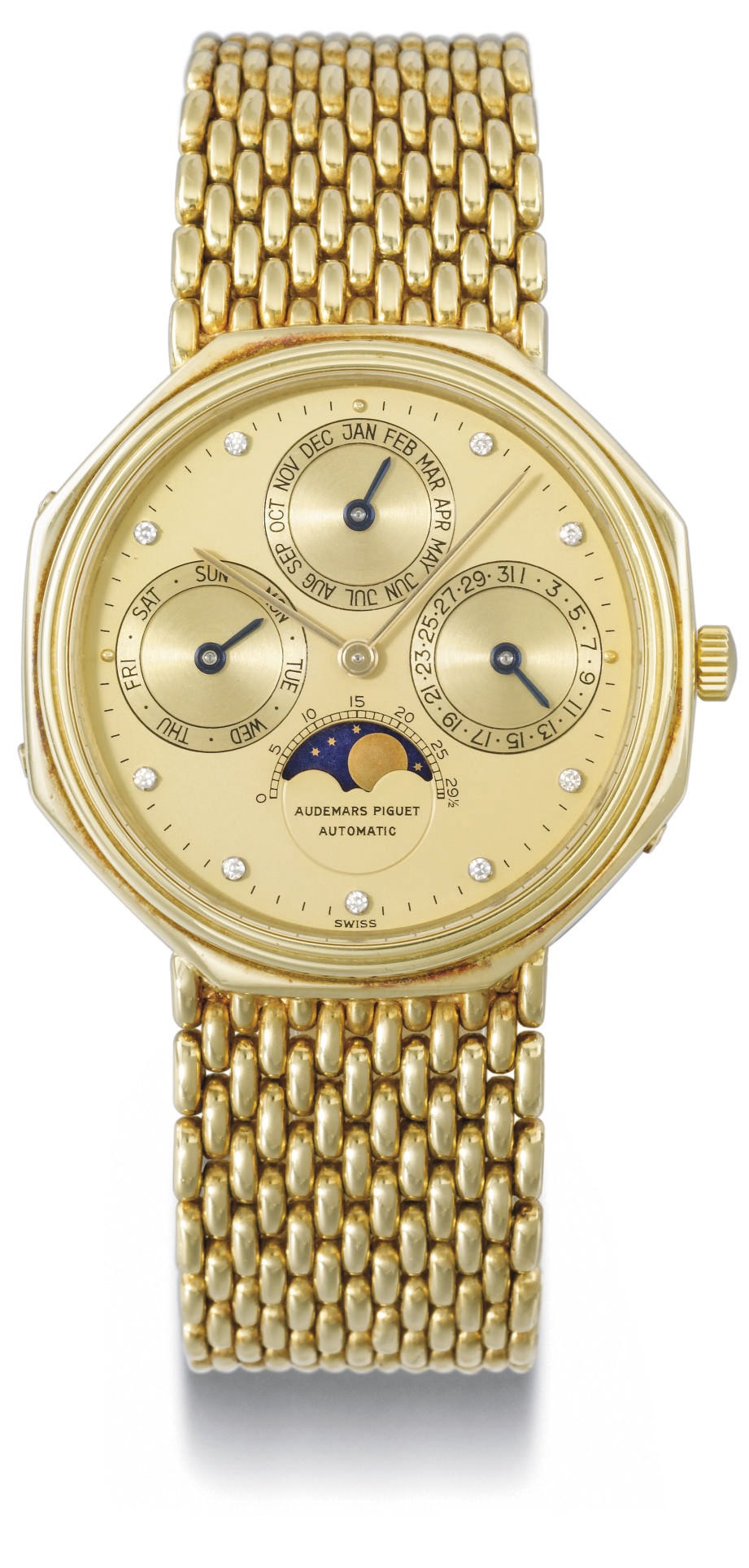Audemars Piguet. A fine 18K gold and diamond-set automatic octagonal perpetual calendar wristwatch with moon phases and bracelet