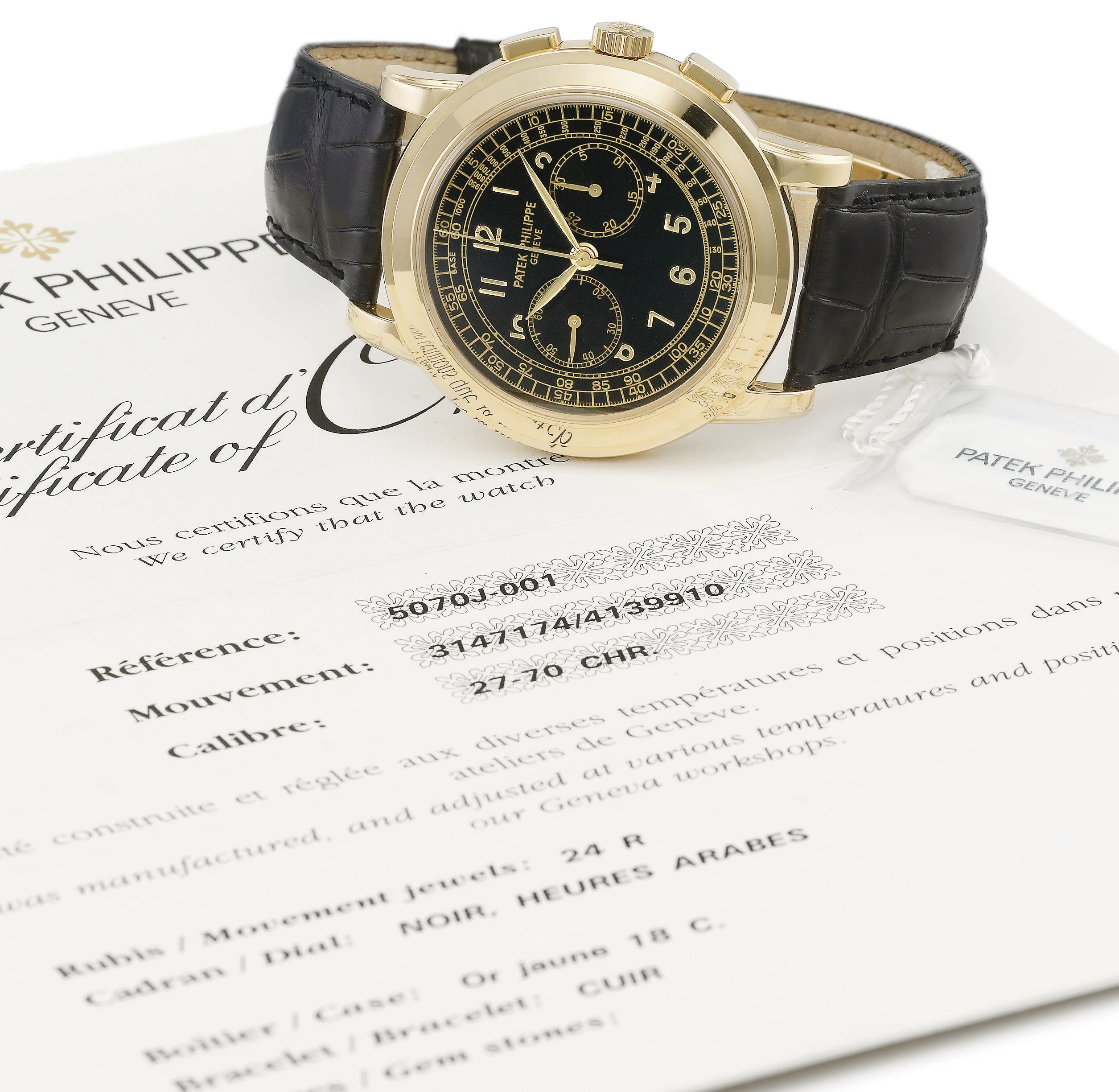 Patek Philippe. A fine and large 18K gold chronograph wristwatch with black dial