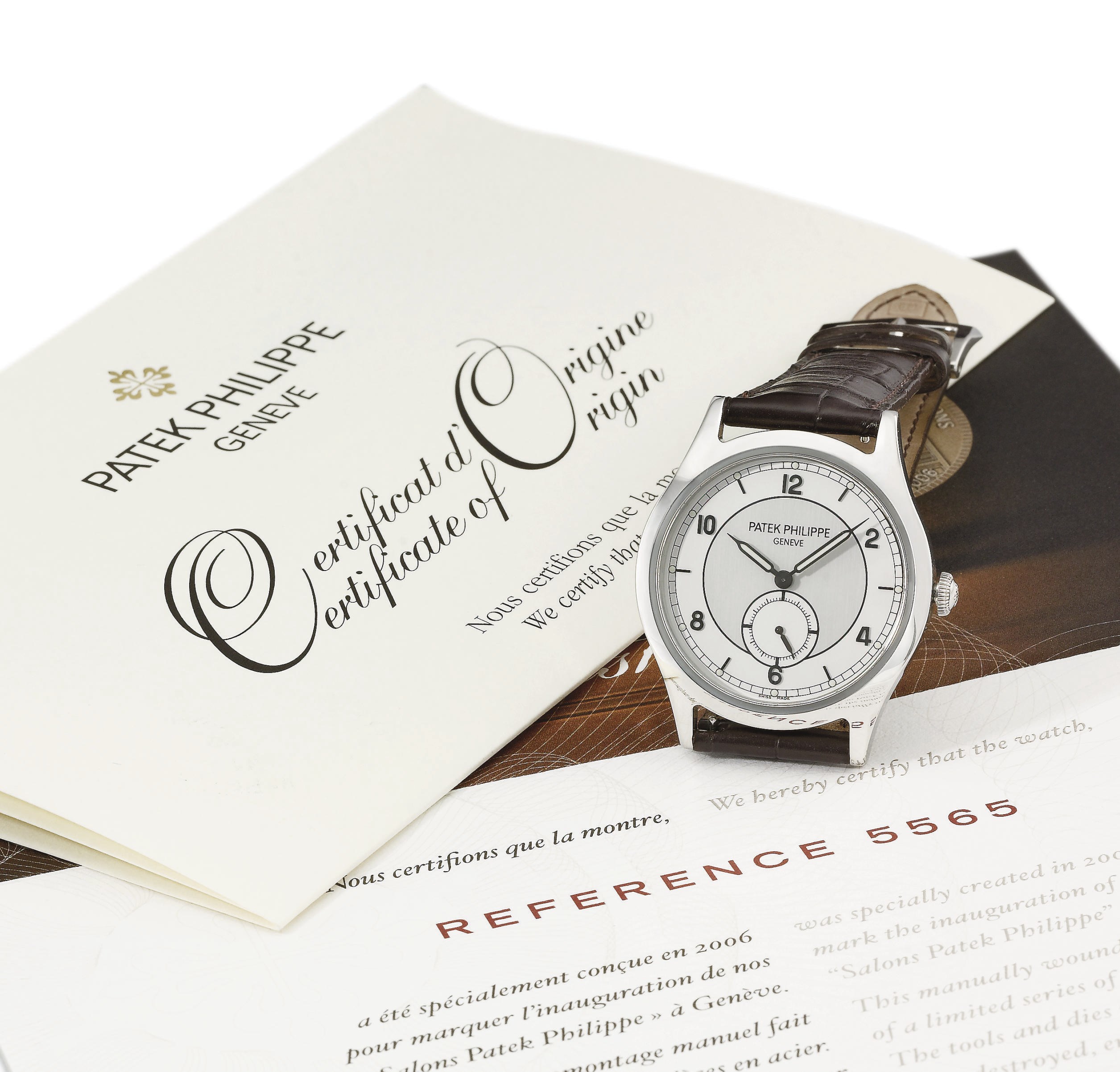 Patek Philippe. An extremely fine and rare stainless steel limited edition wristwatch with two-tone silvered dial, made to commemorate the reopening of the firm's salon in Geneva in 2006