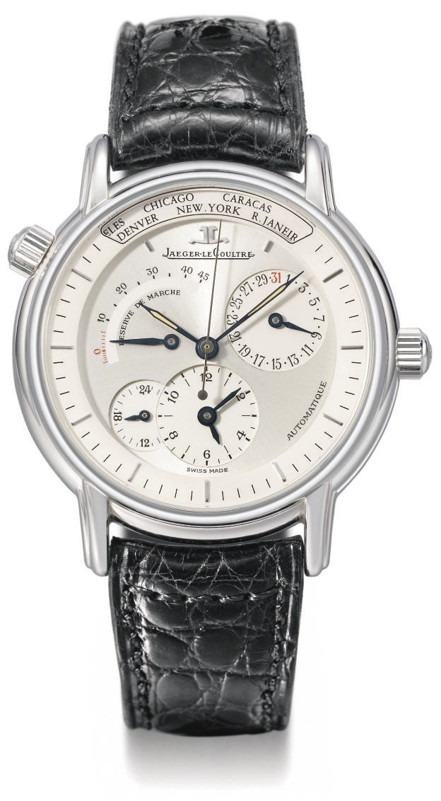 Jaeger-LeCoultre. A fine platinum automatic dual time wristwatch with centre seconds, date, power reserve and world time indication