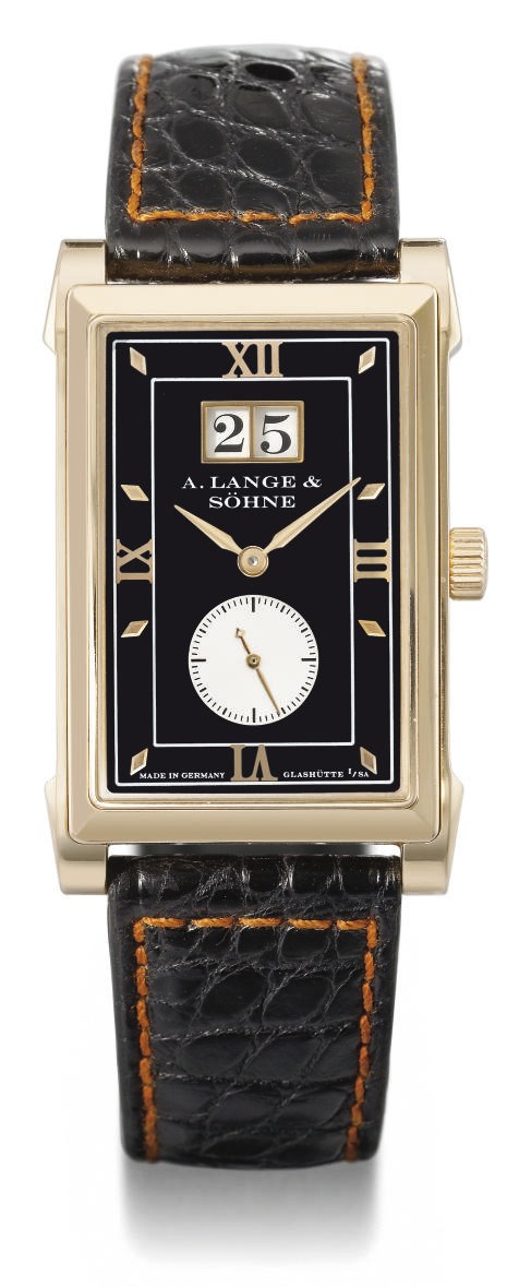 A. Lange & Söhne. A very fine and rare 18K pink gold rectangular wristwatch with oversized date and black dial