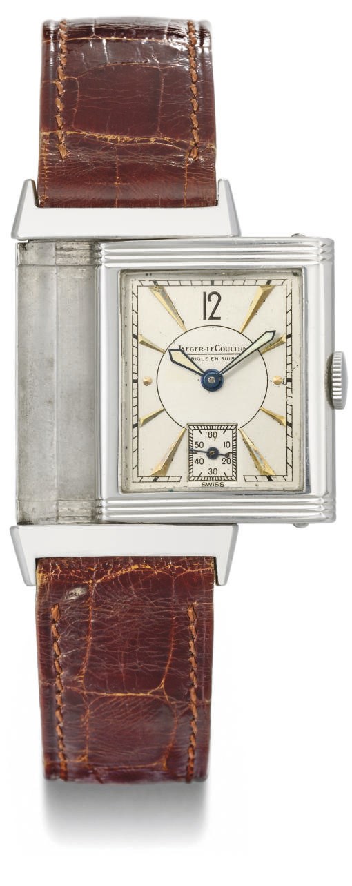 Jaeger-LeCoultre. A stainless steel Reverso wristwatch with two-tone silvered dial