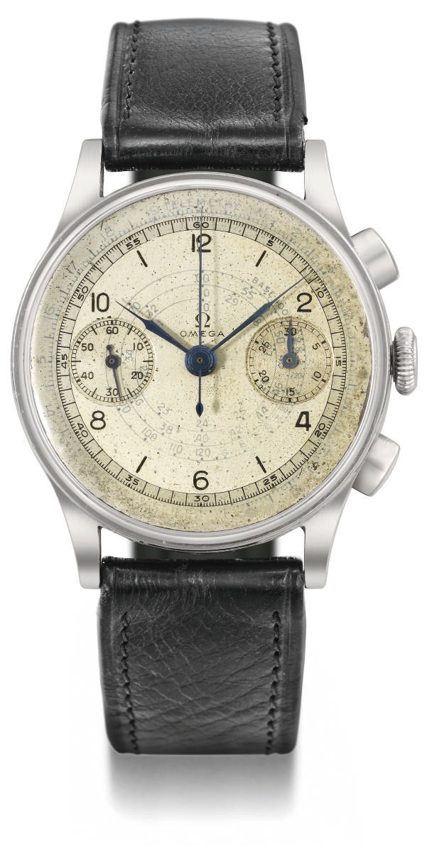 Omega. A large stainless steel chronograph wristwatch with two-tone silvered dial
