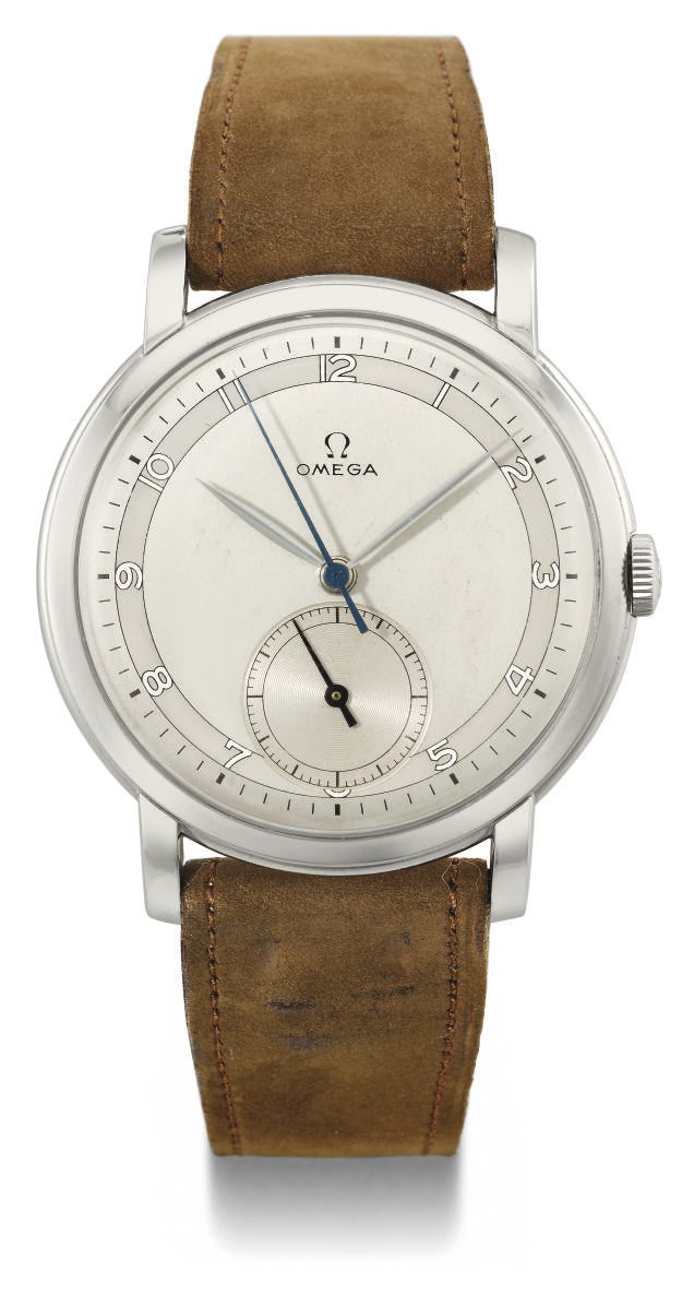 Omega. A very rare and unusual large stainless steel wristwatch with two-tone silvered dial, sweep centre and subsidiary seconds