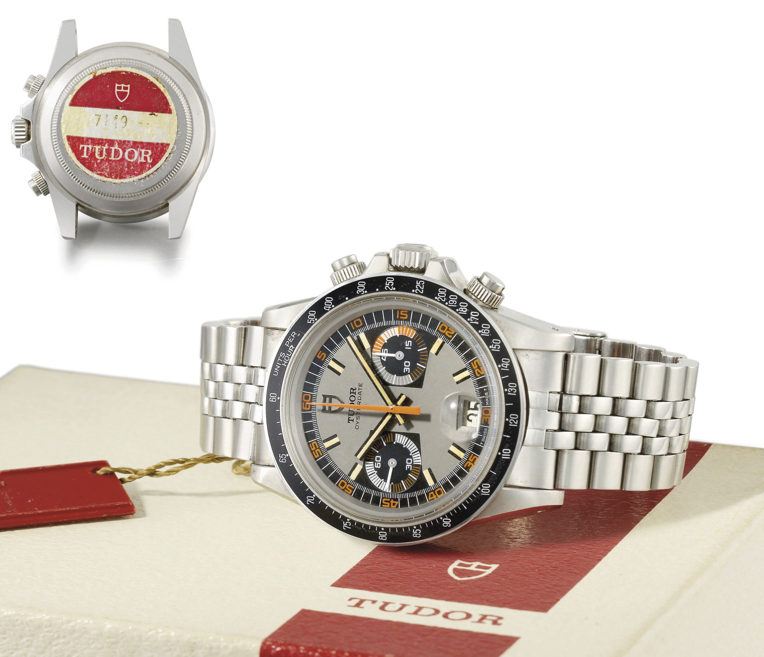Tudor. A fine and attractive stainless steel chronograph wristwatch with date, bracelet, tag and box