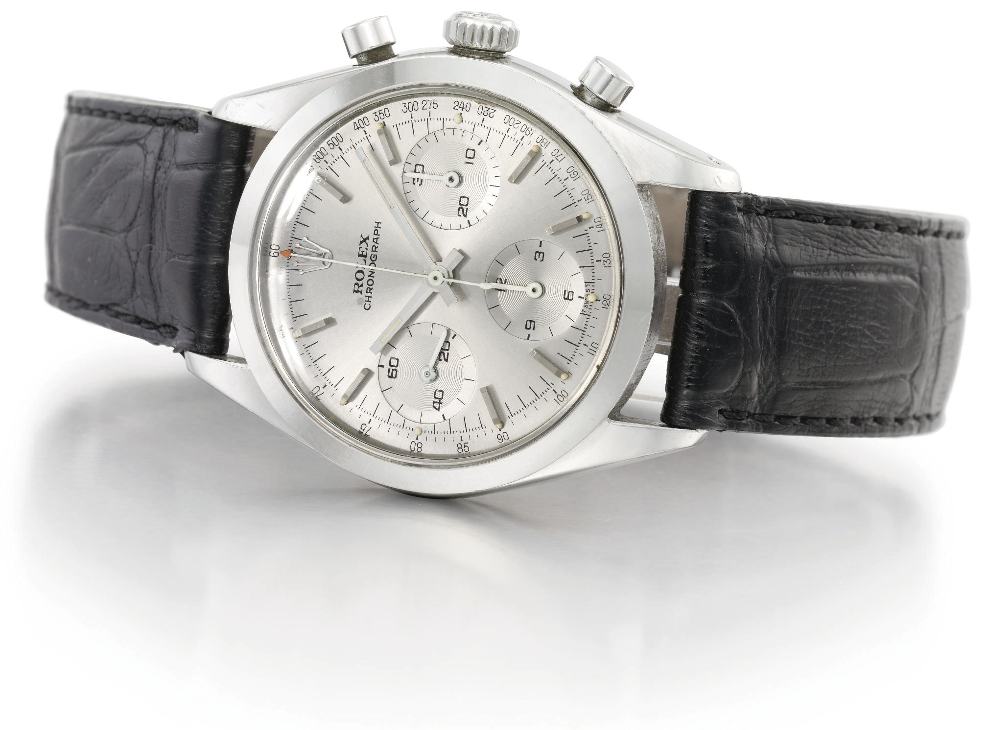 Rolex. A fine and rare stainless steel chronograph wristwatch with bracelet and box