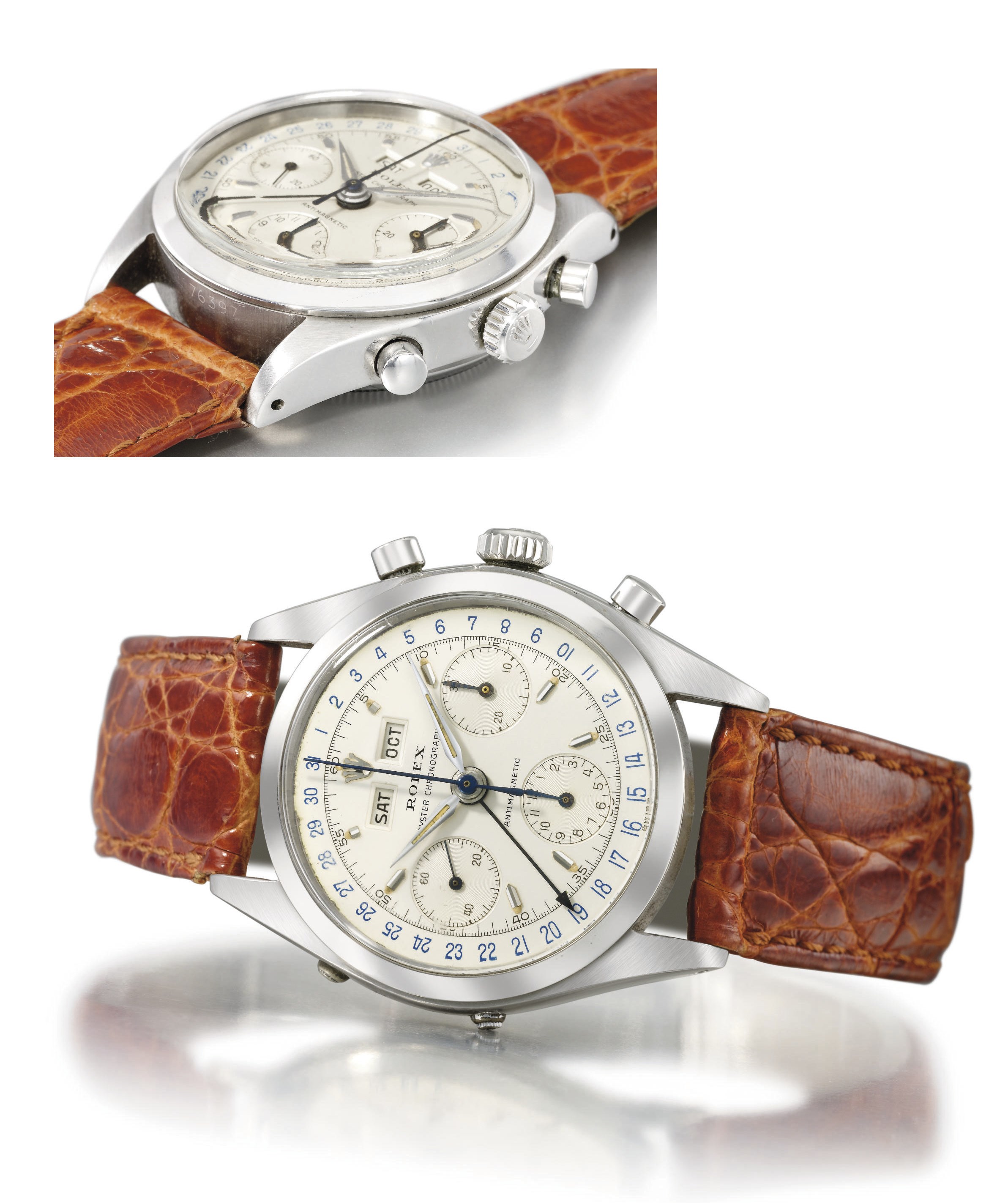 Rolex. A very fine and rare stainless steel triple calendar chronograph wristwatch