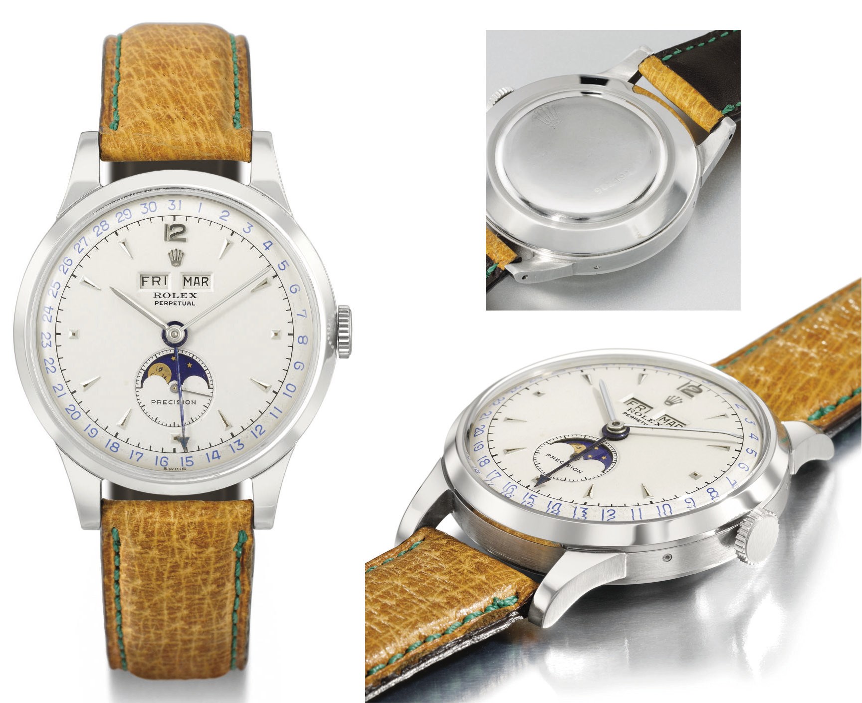 Rolex. An extremely fine, rare and large stainless steel automatic triple calendar wristwatch with moon phases