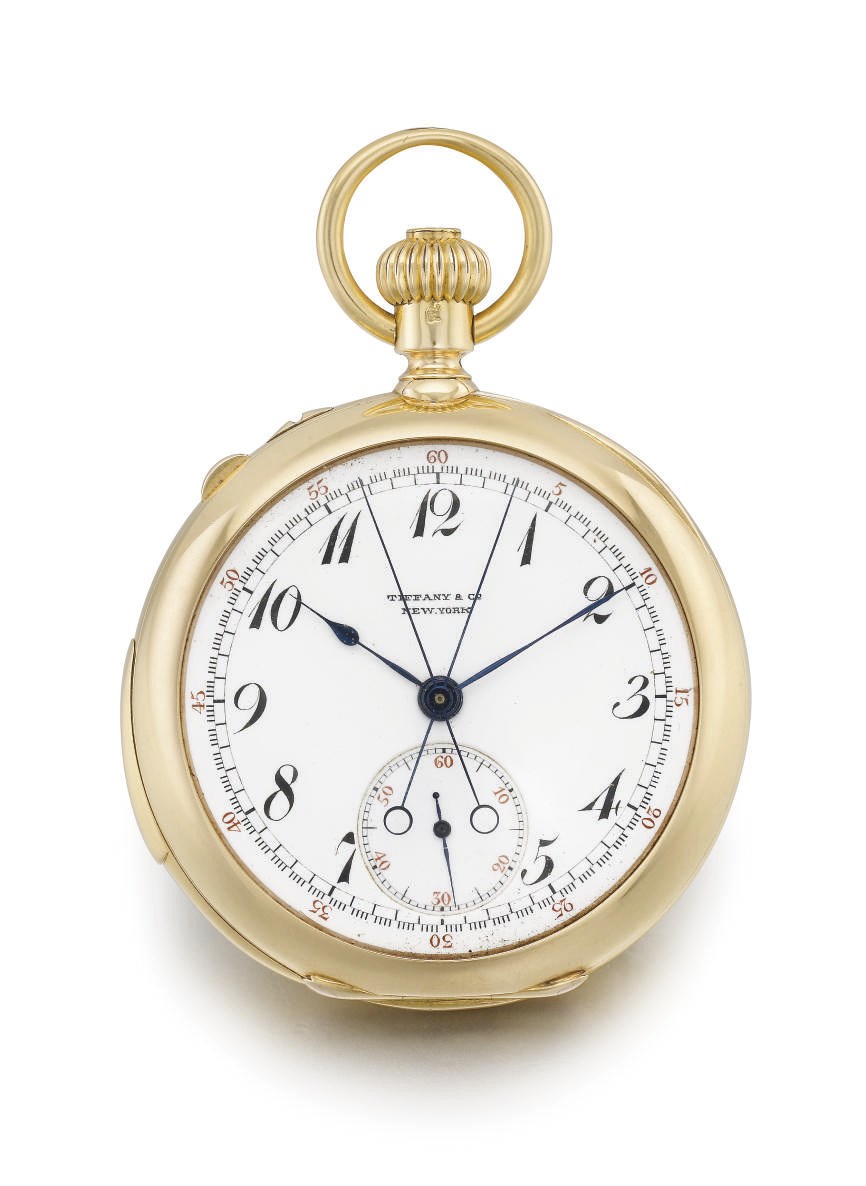 Patek Philippe, made for Tiffany & Co. A fine and rare 18K pink gold openface minute repeating split seconds chronograph keyless lever watch