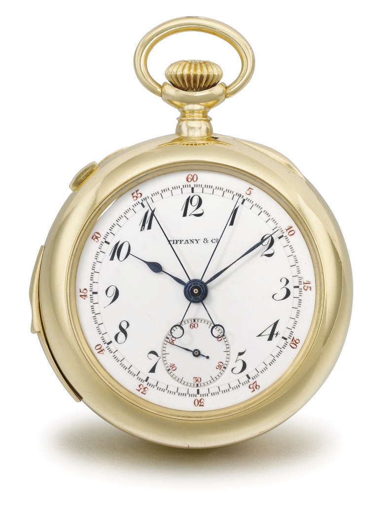 Patek Philippe, made for Tiffany & Co. A fine 18K gold openface five minute repeating split seconds chronograph keyless lever watch with American case