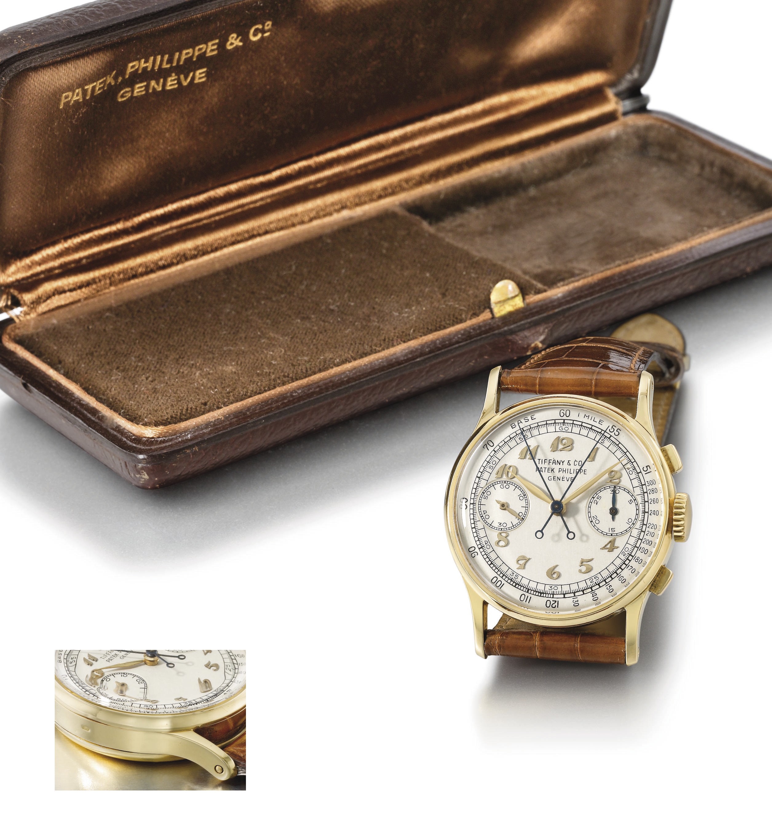 Patek Philippe, made for Tiffany & Co. An extremely fine and rare 18K gold split seconds chronograph wristwatch with Breguet numerals and original box