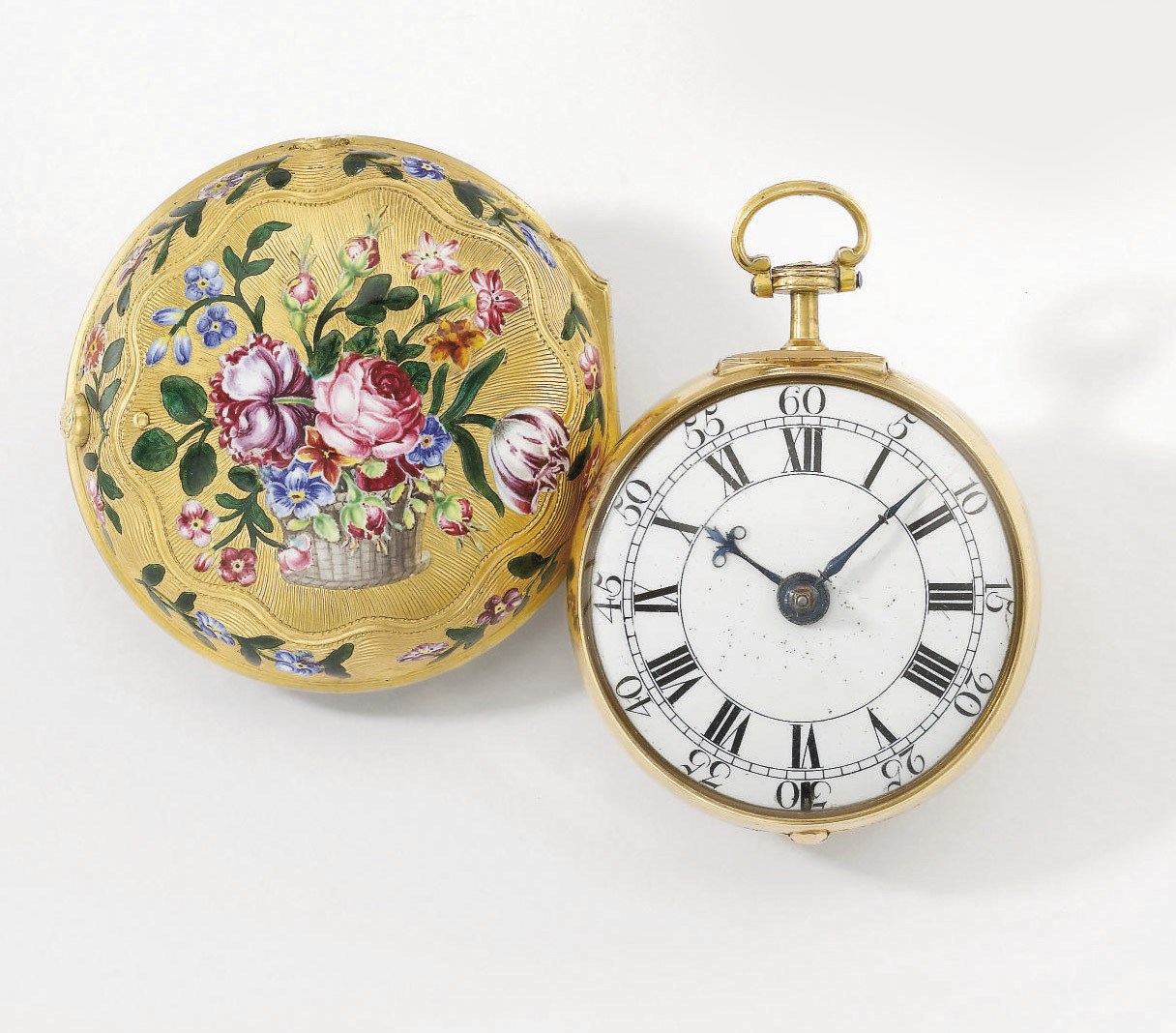 Henry Hindley. A fine and rare 18K gold and enamel pair case openface verge watch